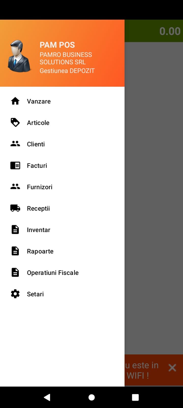 Aplicatie Vanzare Android PamPOS Meniu functionalitati